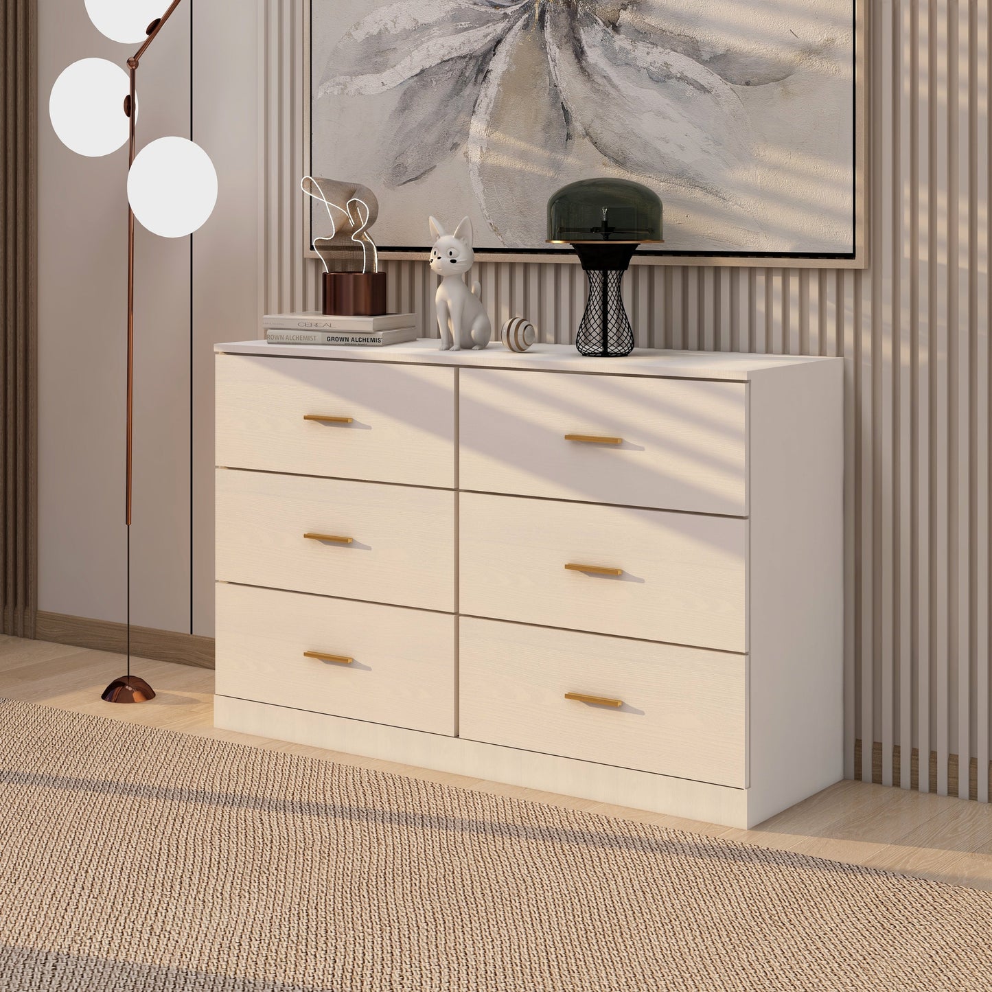 Eliana Modern 6-Drawer Dresser with Gold Handles, White