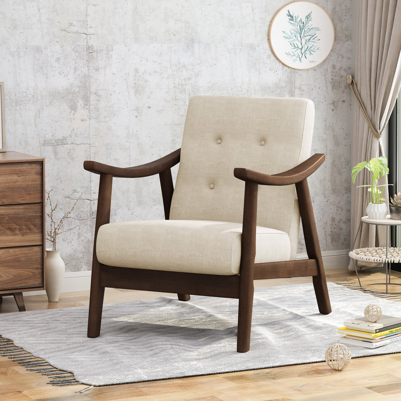 Zephyra Mid-Century Tufted Beige Upholstered Armchair