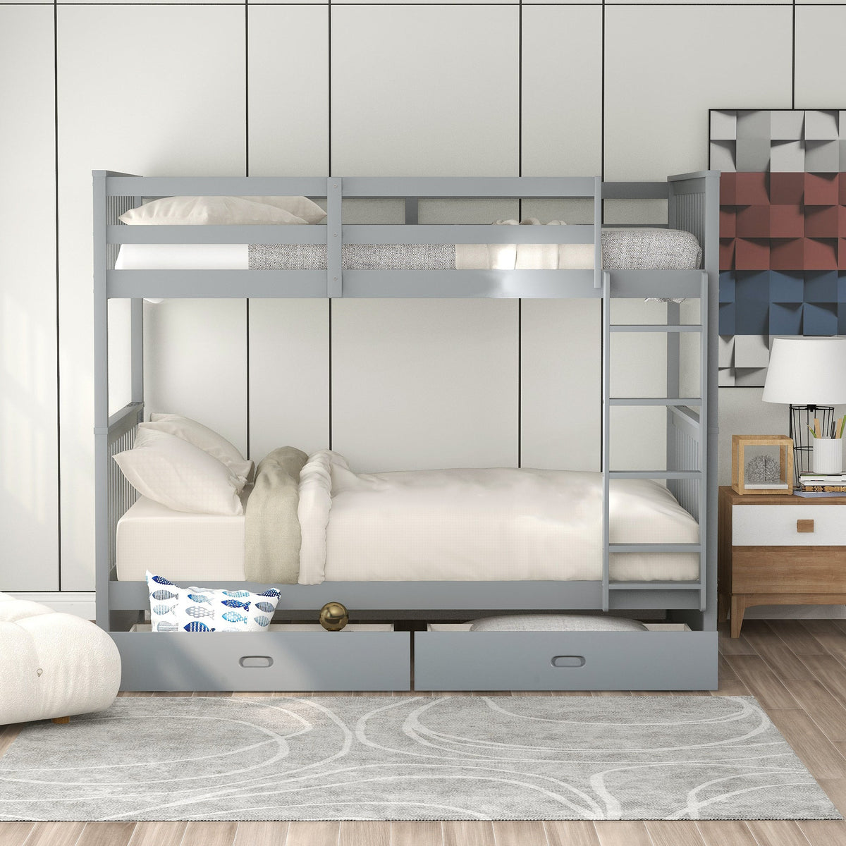 Larkspur Twin-Over-Twin Bunk Bed with Ladders and Two Storage Drawers (Gray)