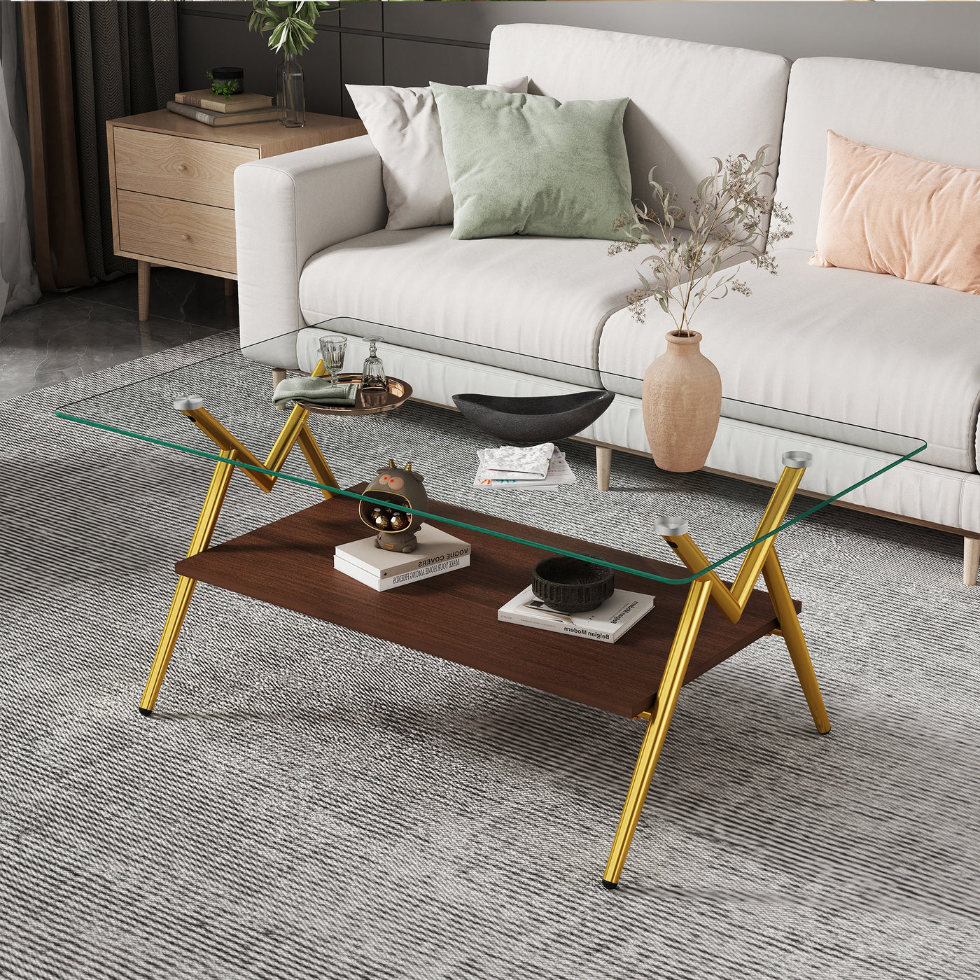 Waylon Modern Glass Top Coffee Table, Gold