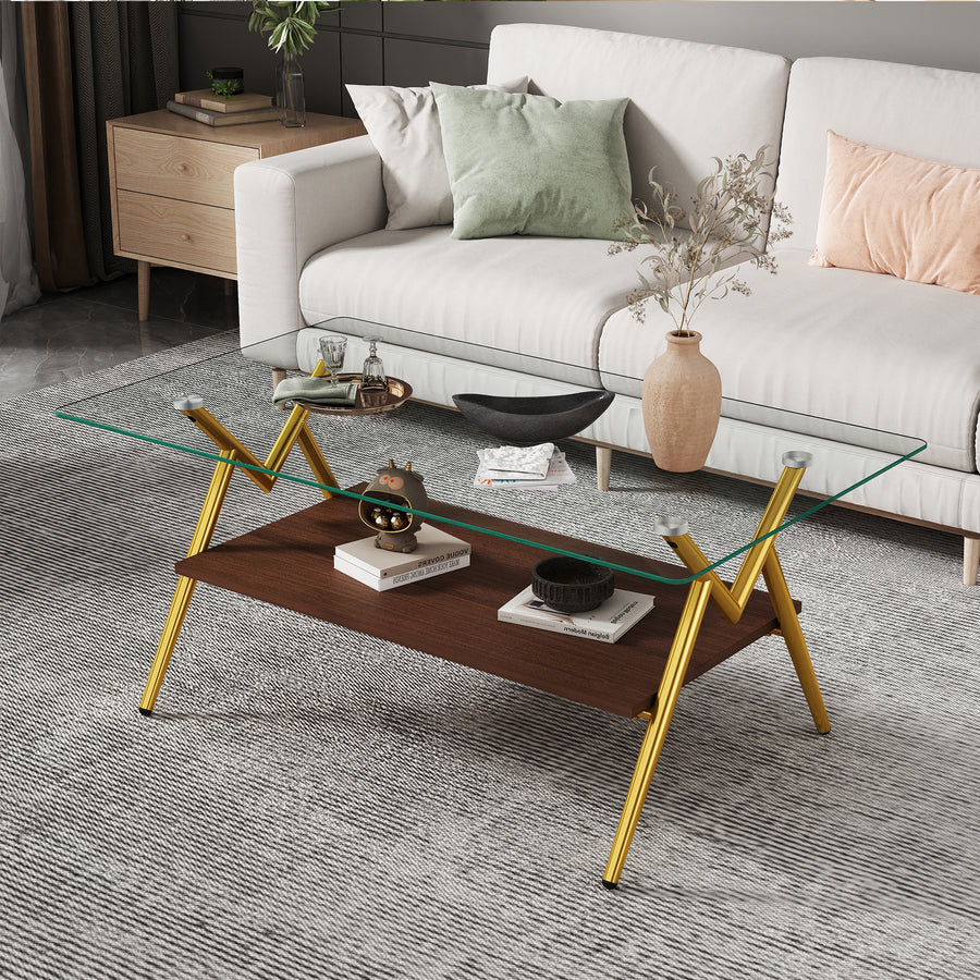 Waylon Modern Glass Top Coffee Table, Gold