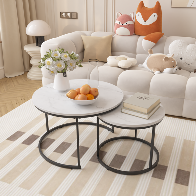 Moonriver 2-Piece Round Nesting Tables, White Faux Marble