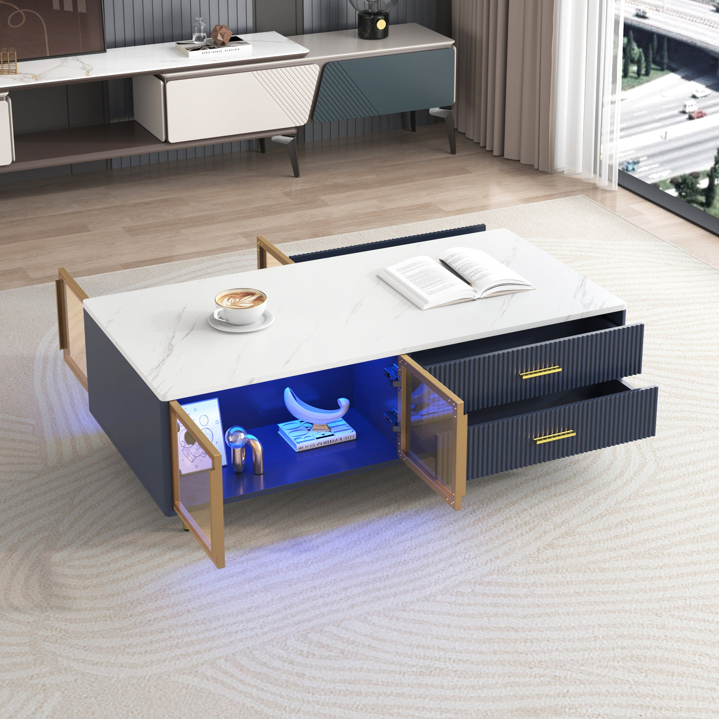 Ledger Modern Navy Blue Coffee Table with LED Lighting