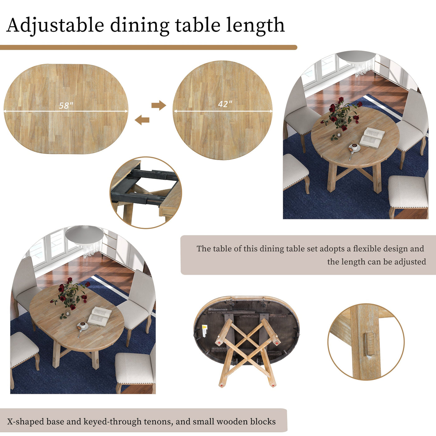 Blyssa Farmhouse Round Extendable Dining Table with 16" Leaf Wood Kitchen Table Natural Wood Wash