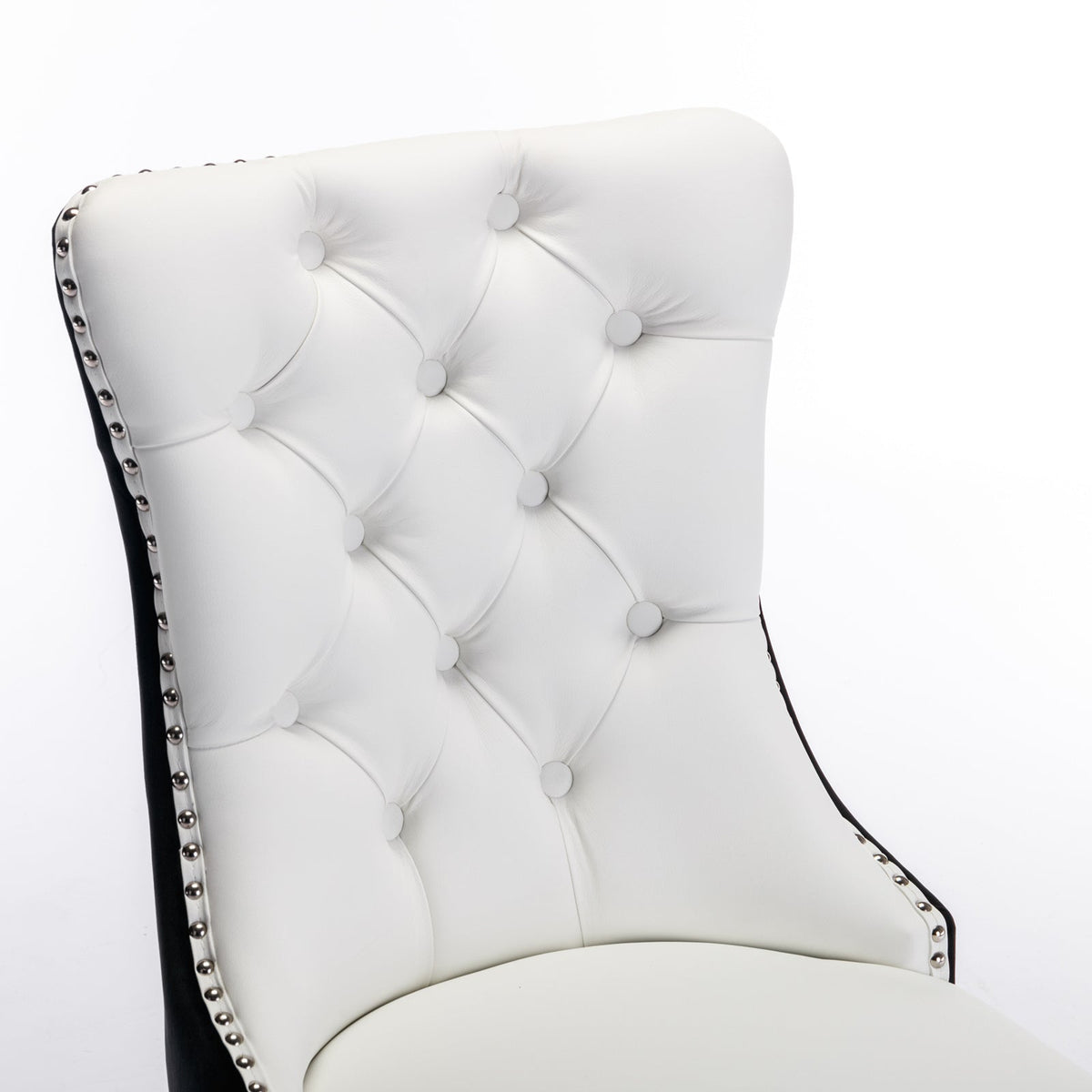 A&A Furniture Nikki Collection Tufted Faux Leather & Velvet Dining Chair with Nailhead Trim Set of 2 White/Black
