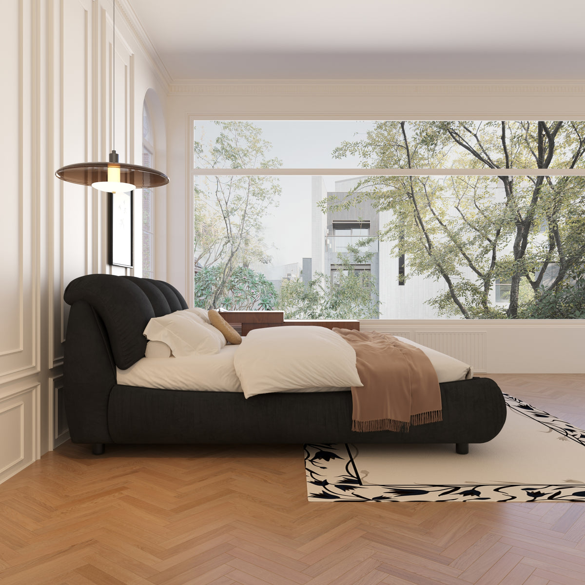 Calista King Platform Bed with Oversize Padded Headboard, Black
