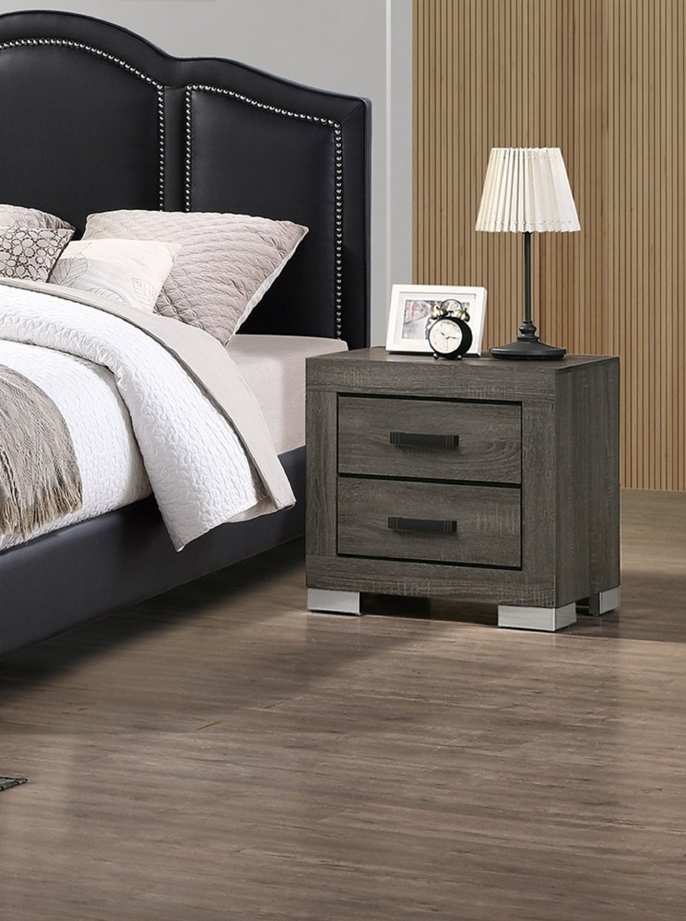 Foster Modern 2-Drawer Nightstand in Gray with Black Handles