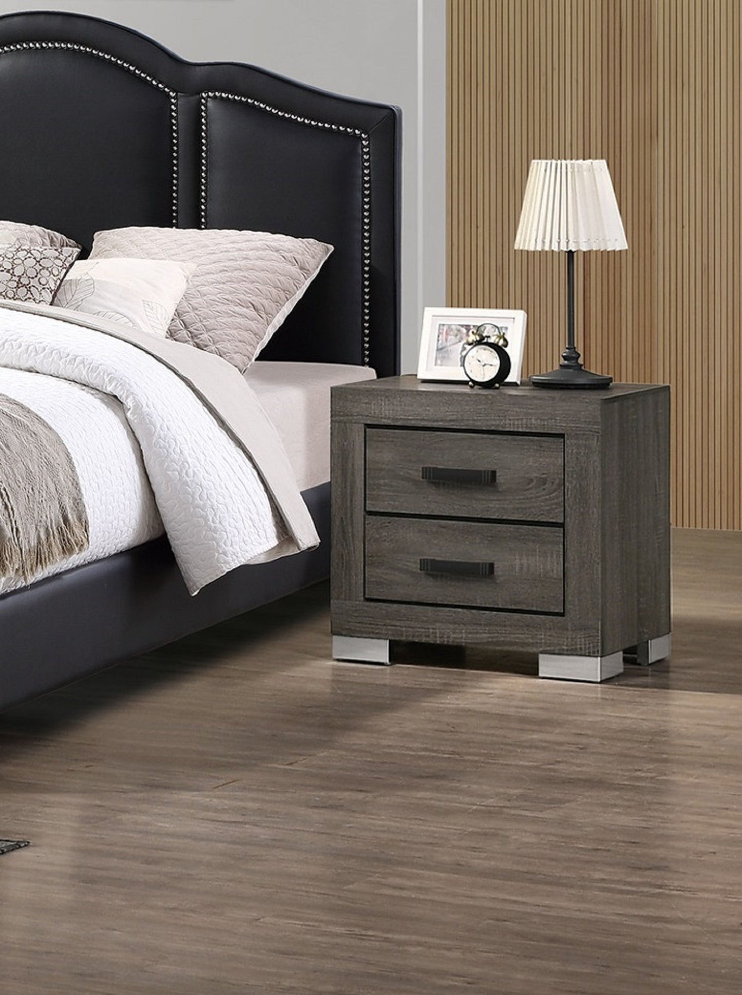 Foster Modern 2-Drawer Nightstand in Gray with Black Handles