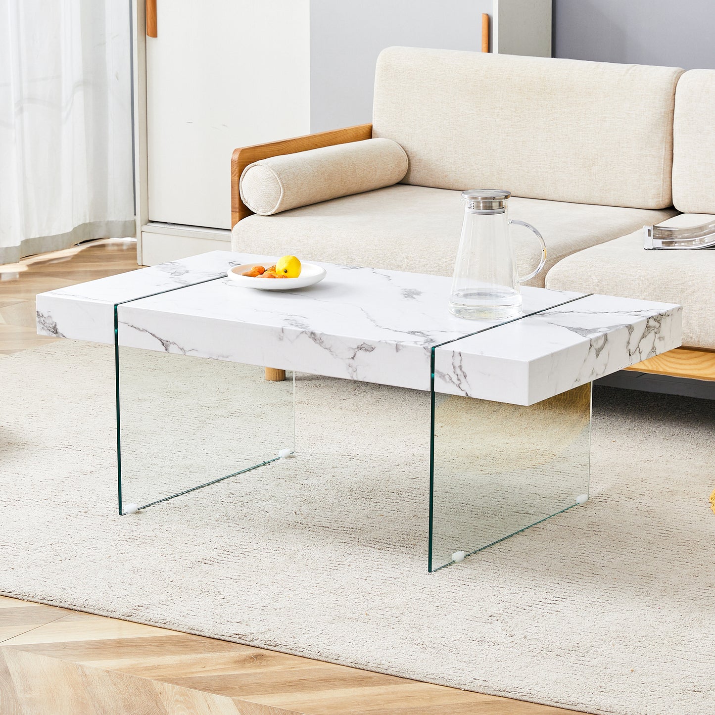 Vada Modern Rectangular Coffee Table with Glass Sides, White Faux Marble