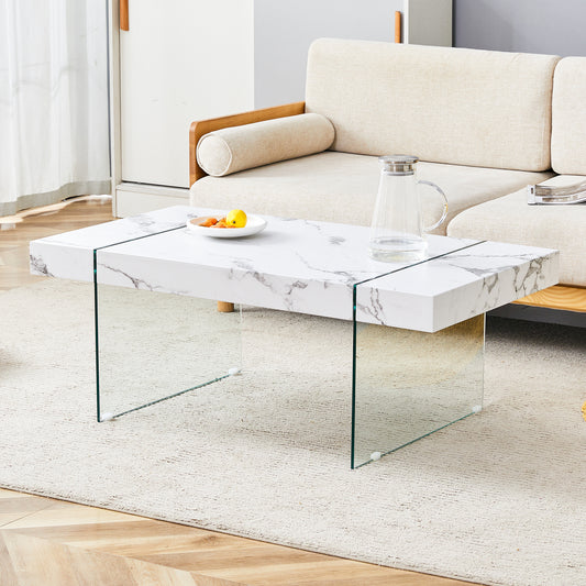 Vada Modern Rectangular Coffee Table with Glass Sides, White Faux Marble