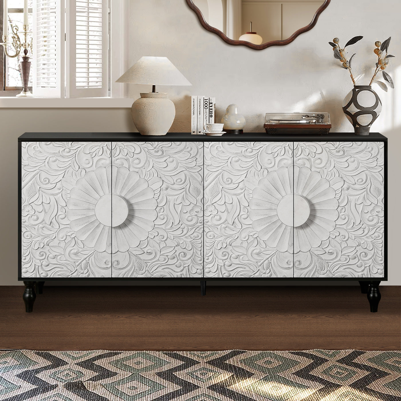 Finian Large Faceted Carved 4-Door Cabinet in Vintage White & Black