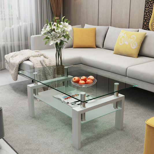 Melo Modern Glass Top Coffee Table with White High Gloss Legs