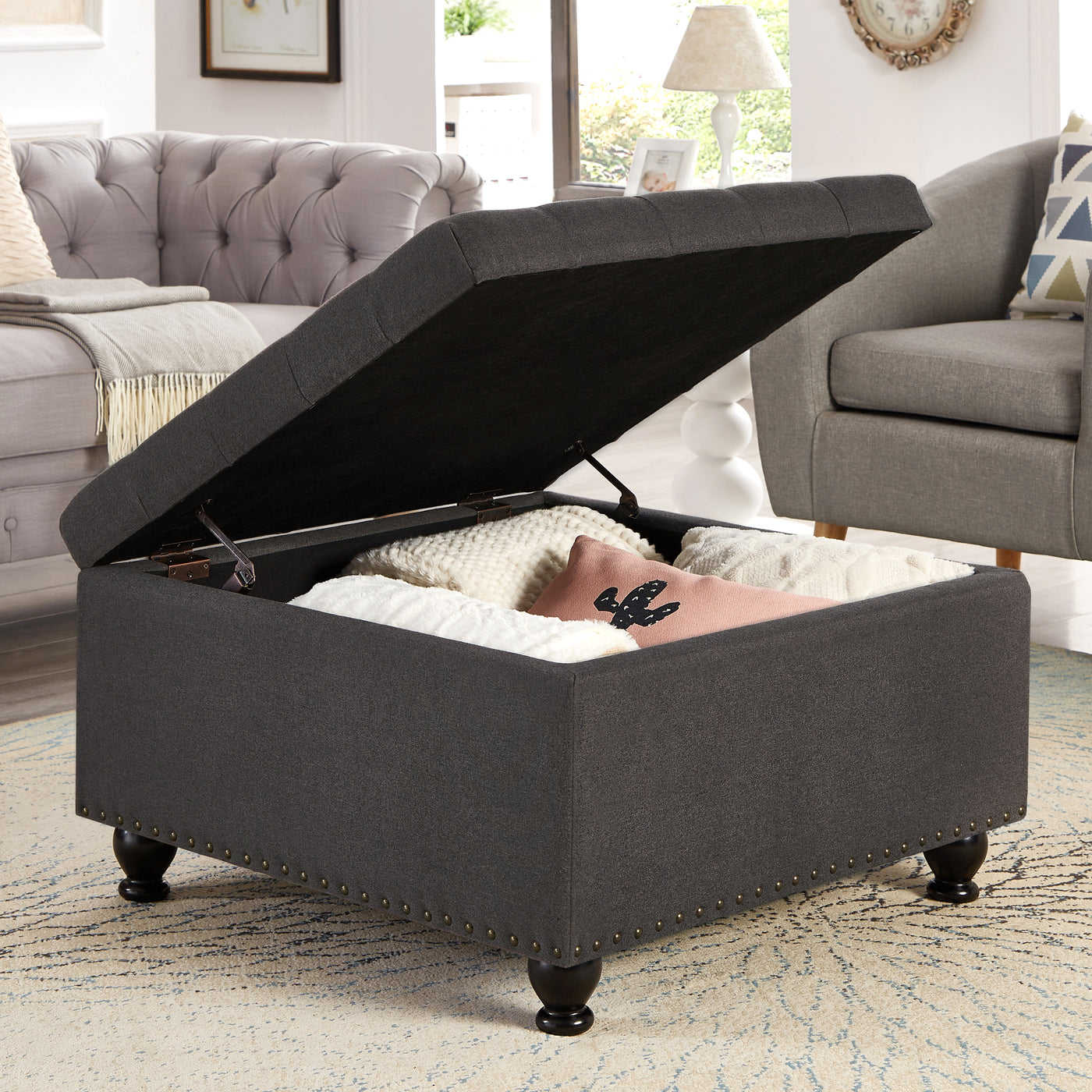 Trent Traditional Linen Storage Ottoman with Turned Feet - Dark Gray