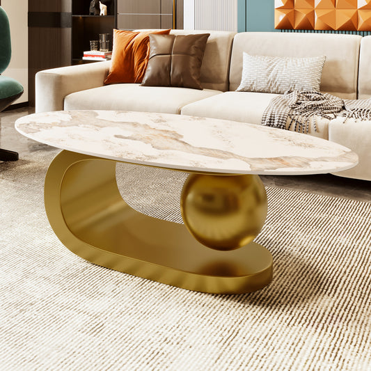 Modern Oval Coffee Table for Living Room, Marble Pattern Sintered Stone Coffee Tabletop with Gold Stainless Steel Base in 47.2"