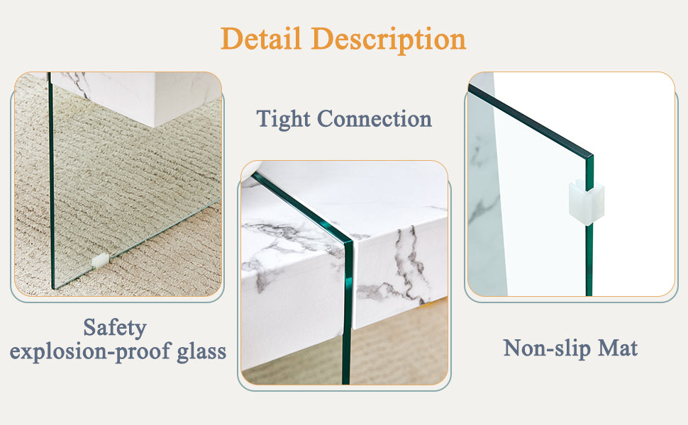 Vada Modern Rectangular Coffee Table with Glass Sides, White Faux Marble