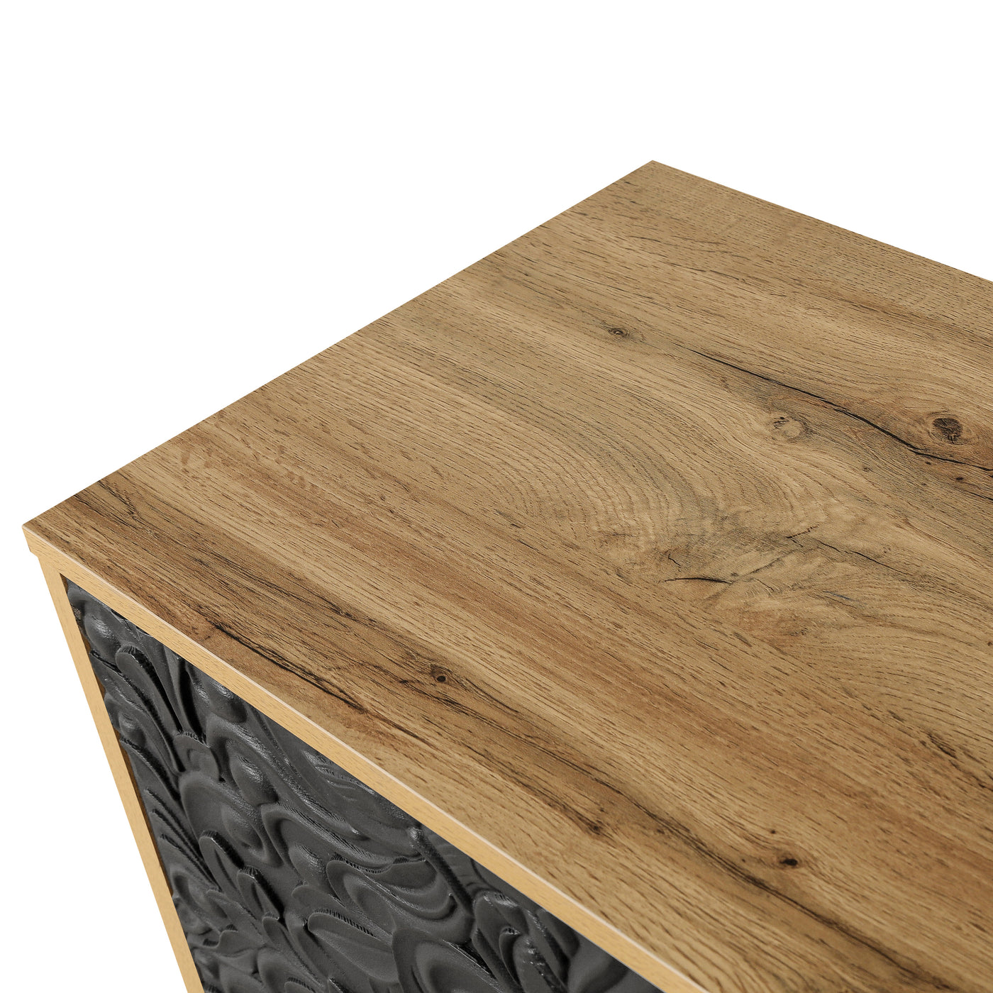 Finian Large Faceted Carved 4-Door Cabinet in Vintage Black & Natural