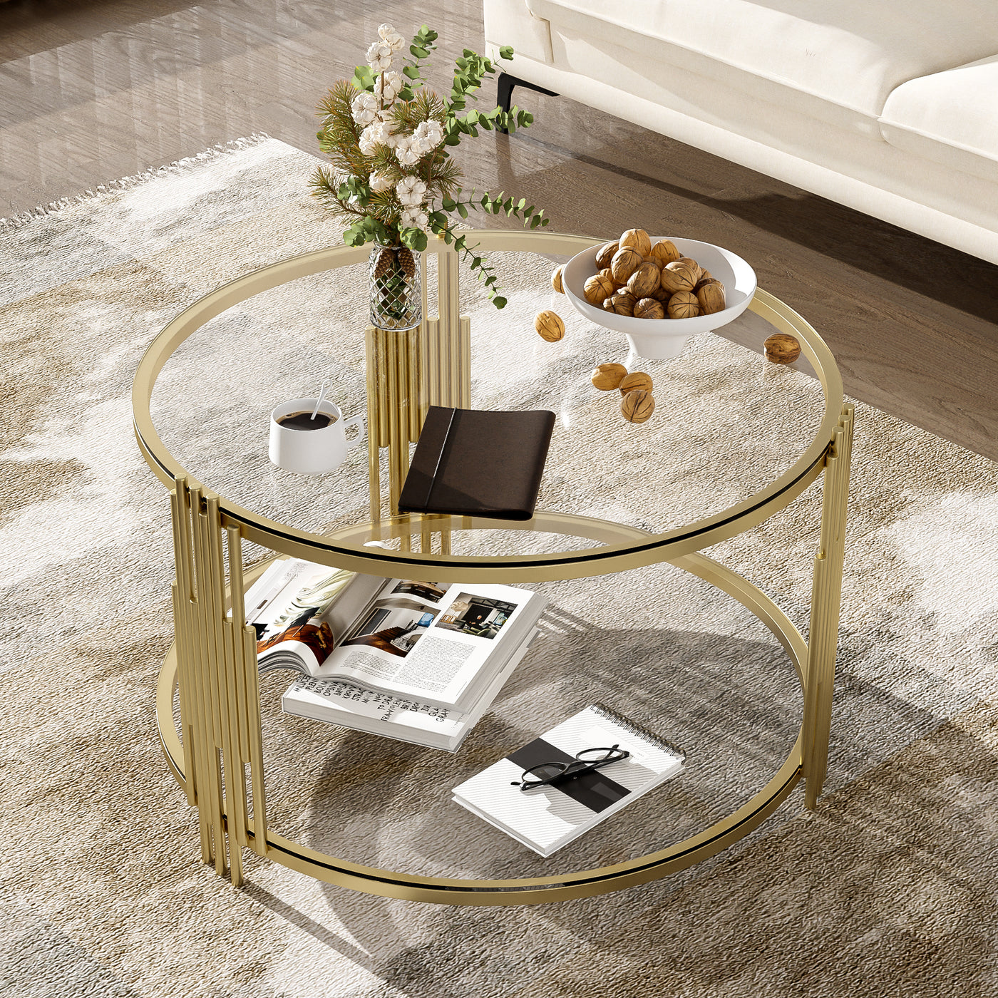 Clover Modern Glass Coffee Table with Gold Frame