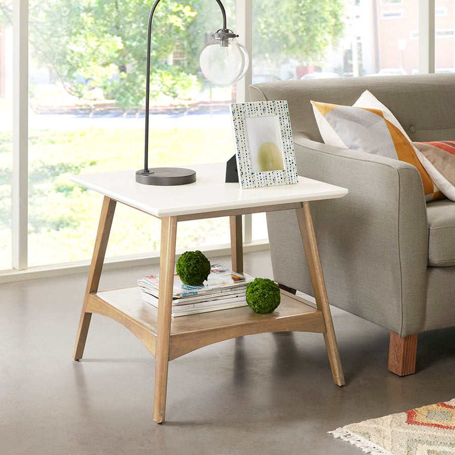 Parker Mid-Century Modern Side Table, White & Natural