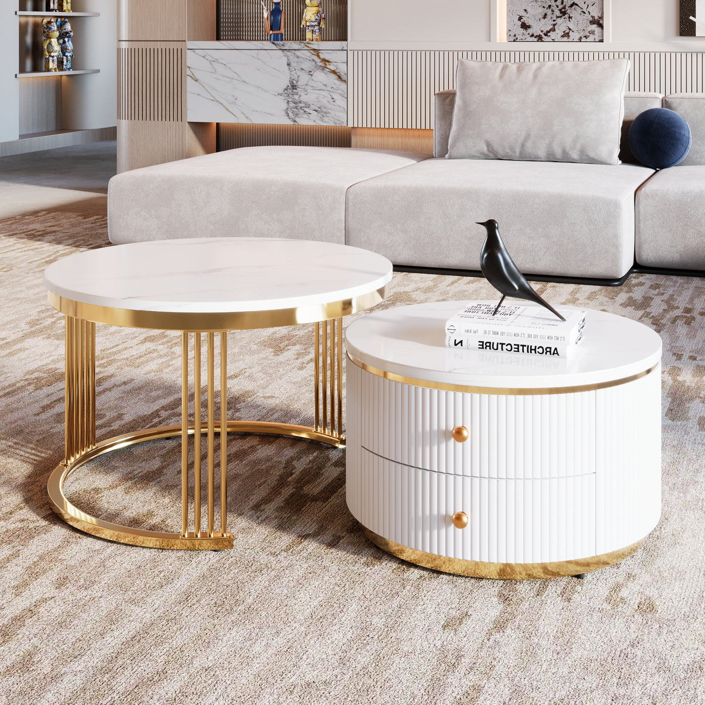 Elysia Modern Nesting Coffee Table in White & Gold