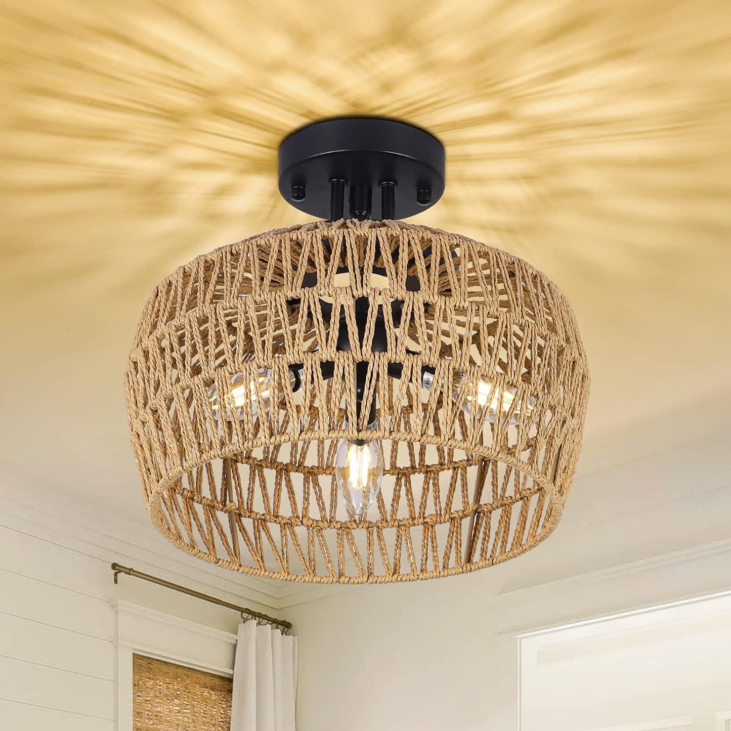 Semi Flush Mount Ceiling Light, Rattan