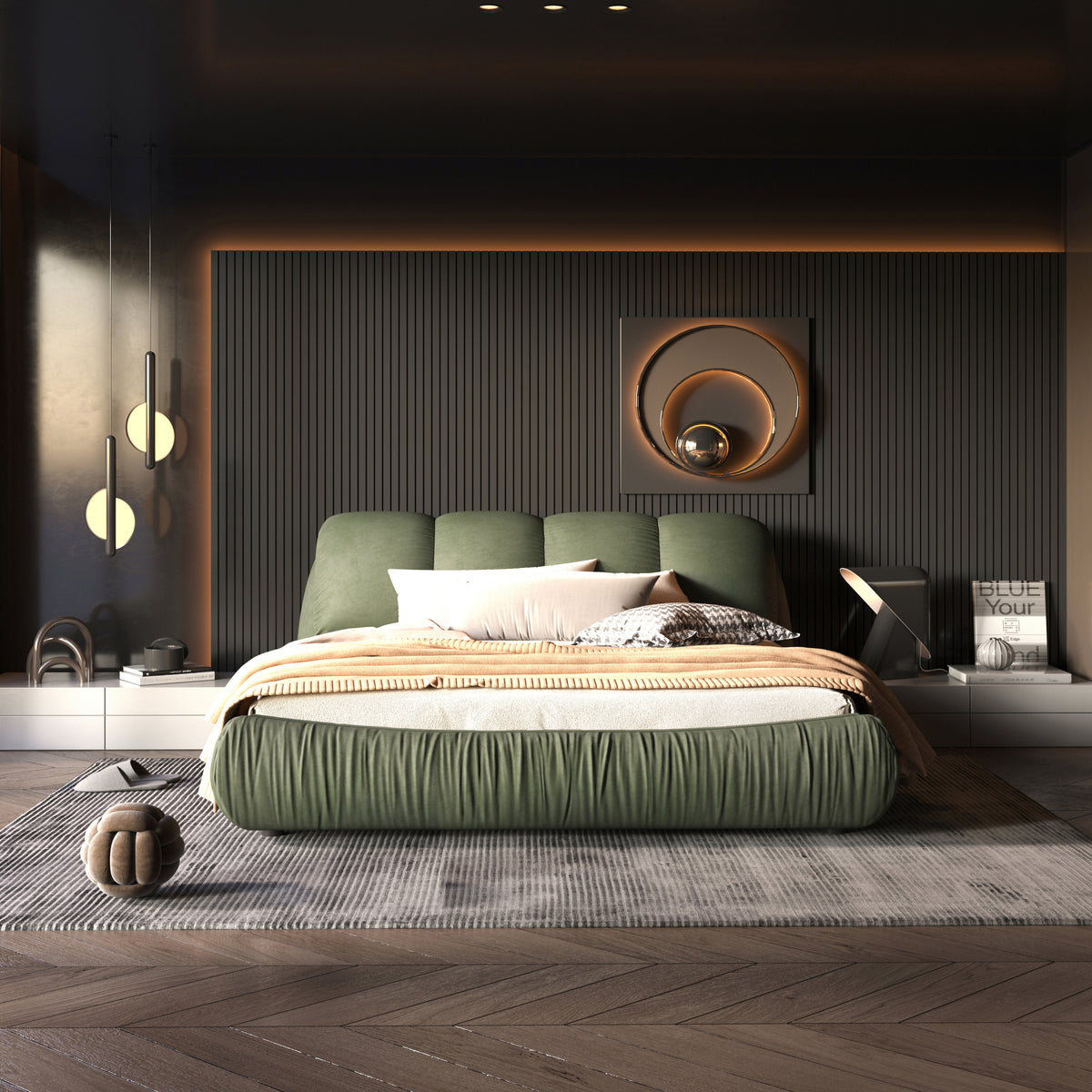 Calista Queen Platform Bed with Oversize Padded Headboard, Green