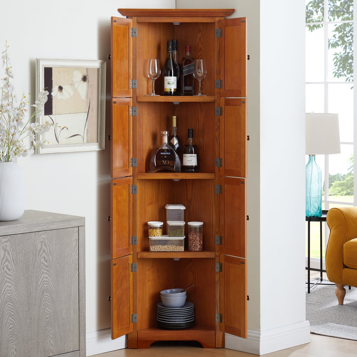 Carleton 72" 4-Tier Corner Cabinet, Oak