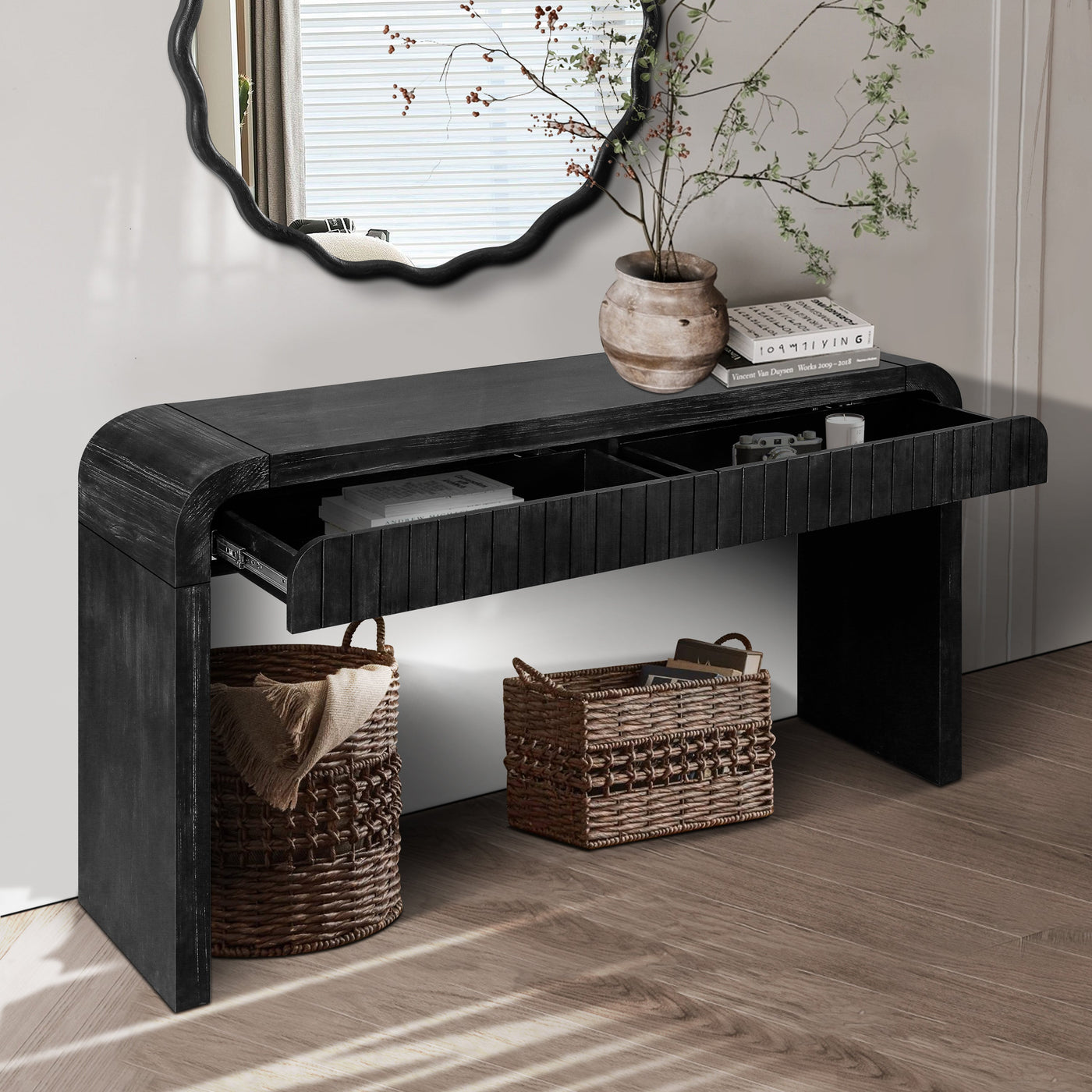 Birdie 59'' Vintage Crafted 2-Drawer Console Table, Antique Black
