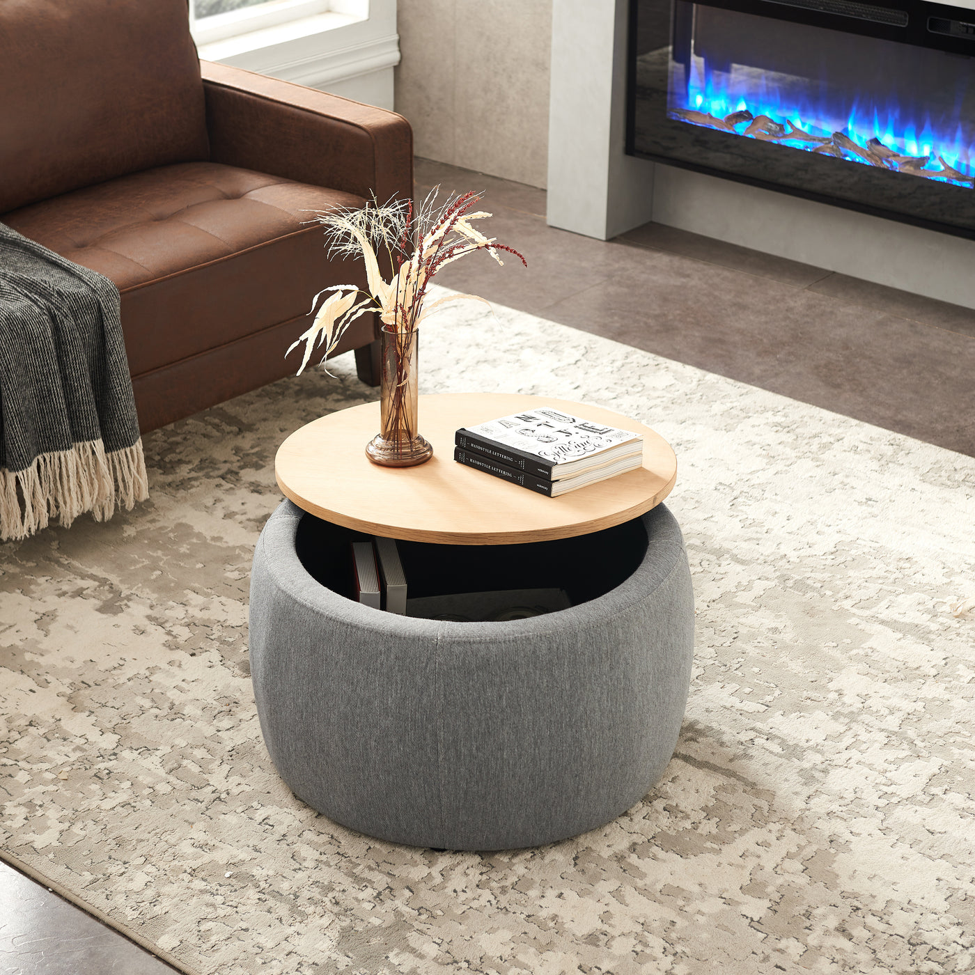Jules Round Upholstered Storage Ottoman with Wooden Top, Gray