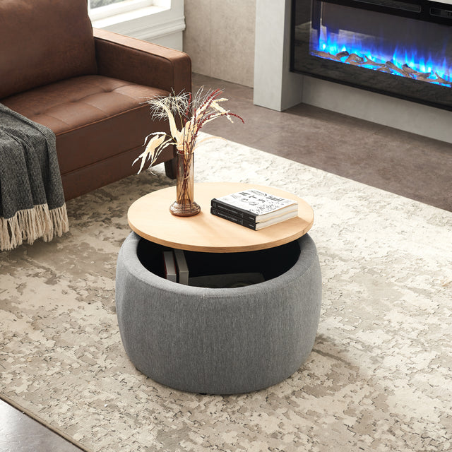 Jules Round Upholstered Storage Ottoman with Wooden Top, Gray