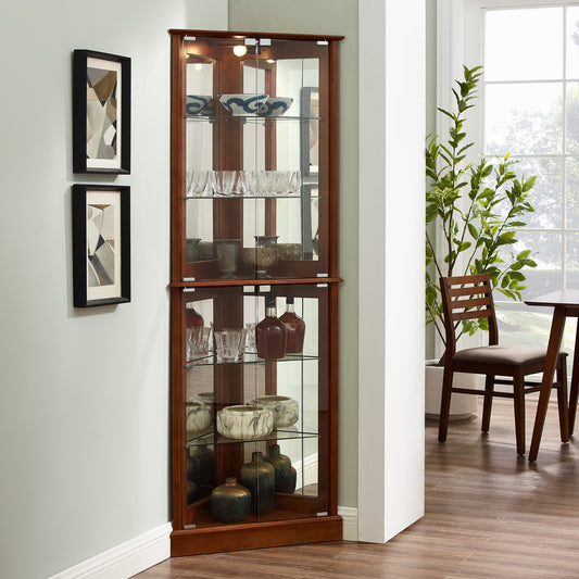 Cora Traditional Curio with Adjustable Shelves & Mirror Back, Walnut
