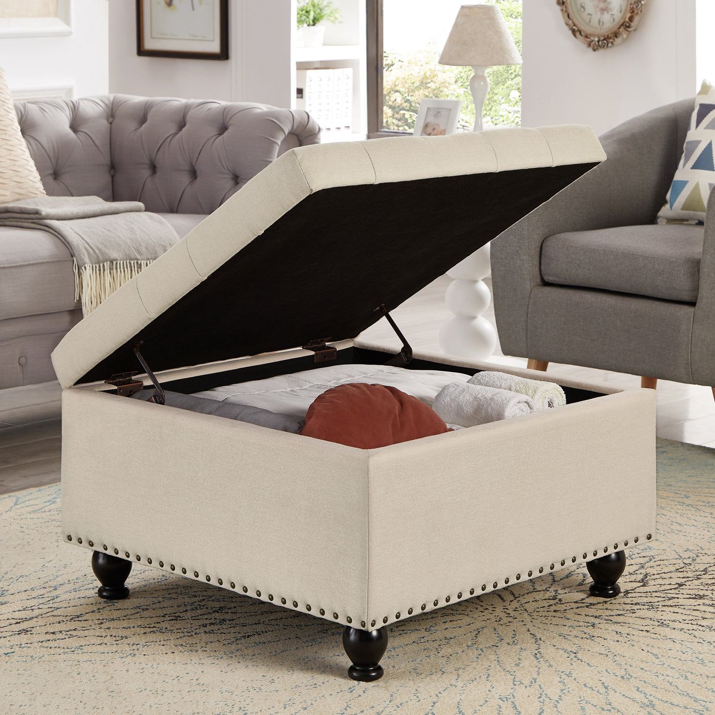 Trent Traditional Linen Storage Ottoman with Turned Feet - Beige