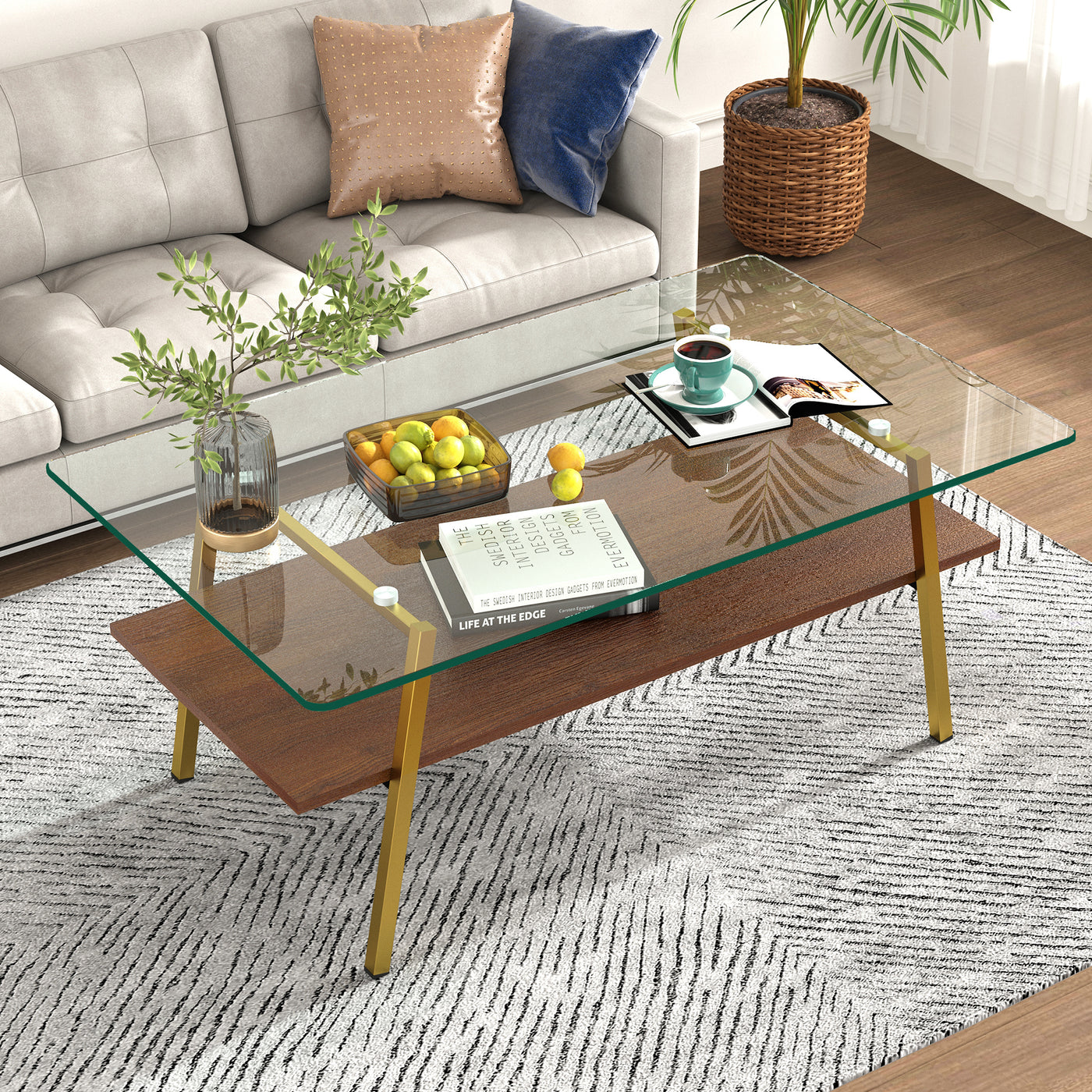 Penn Modern Glass Top Coffee Table with Lower Shelf