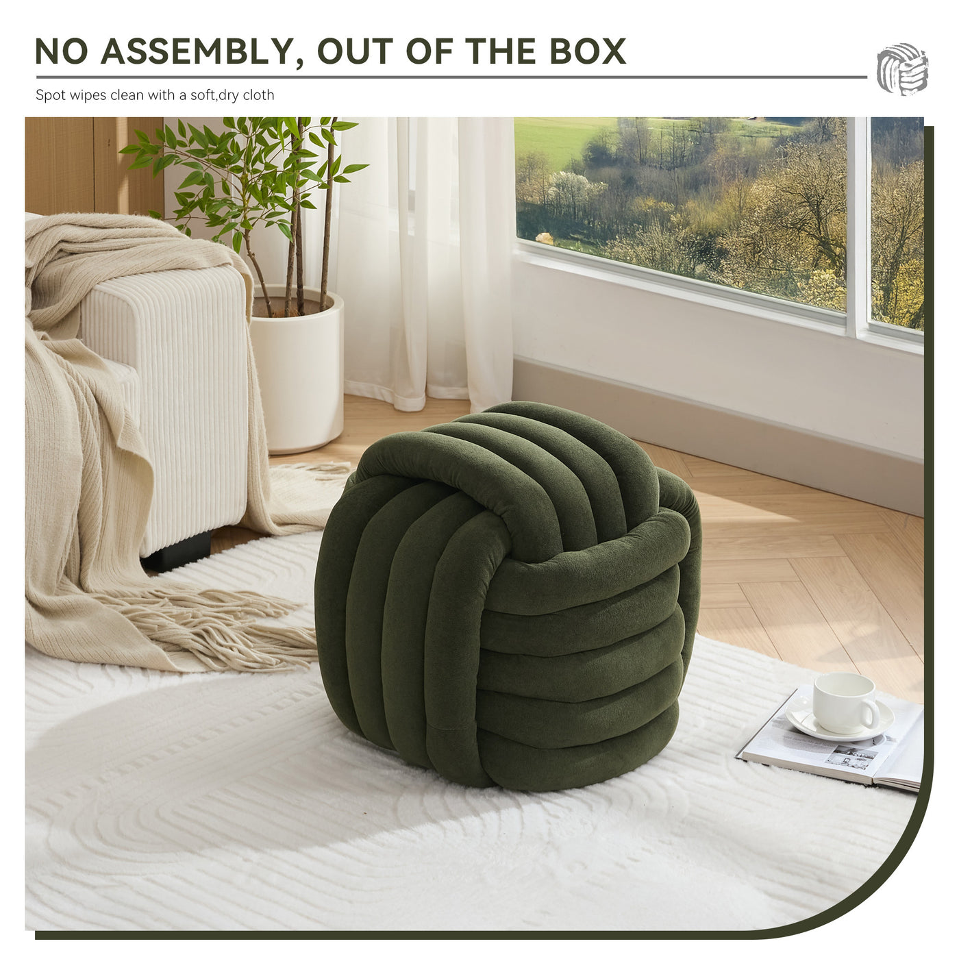 Darien Modern Chenille Knot Design Ottoman, Green