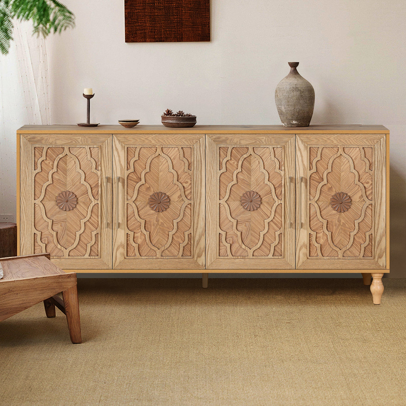Natalie Carved Floral Door Large Storage Cabinet With Metal Handle, Natural