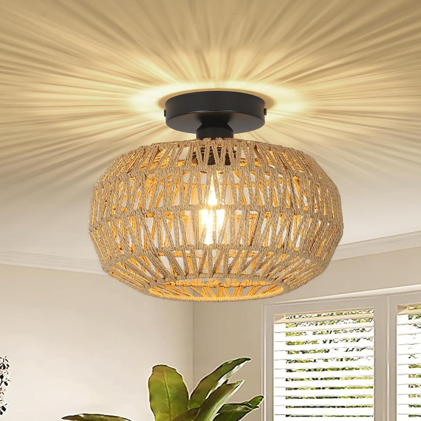 Rattan Light Fixtures Ceiling Mount,Boho Ceiling Light Fixture with Dimmable LED Bulb