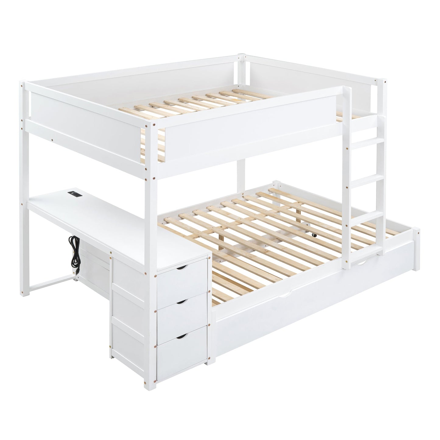 Stewart Full-Over-Full Bunk Bed with Twin size Trundle, Storage and Desk, White