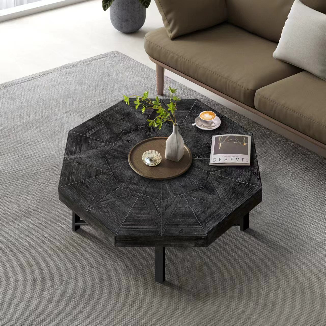 Eulalia Vintage Octagonal Shape Patchwork Craft Wooden Coffee Table, Antique Black