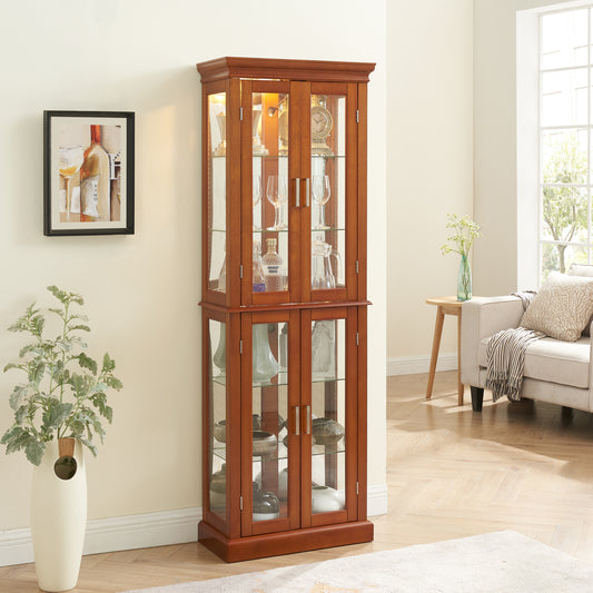 Harriet Transitional Wooden Curio Cabinet with Mirrored Back Panel, Walnut