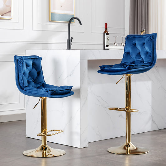 Lauren Adjustable Height Velvet Bar Stools with Gold Base - Blue