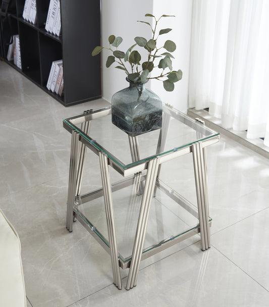 Amias 20" Modern Glass Top Side Table with Silver Base