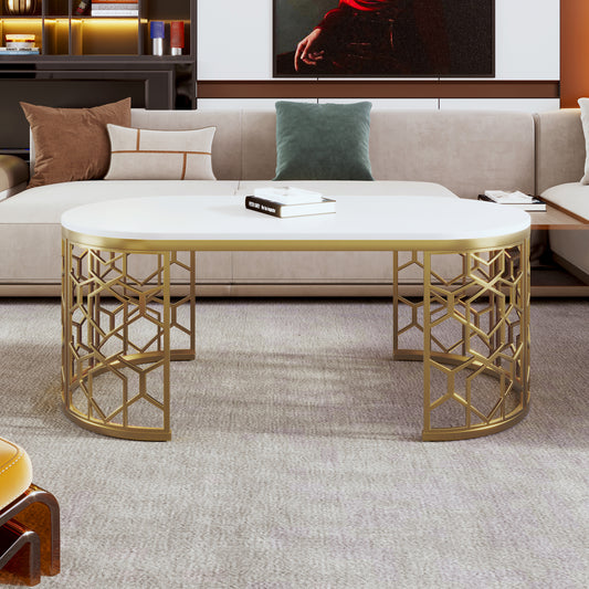 Ardith Modern Oval Coffee Table with Cut-Out Pattern Metal Stainless Steel Frame in 47.2"