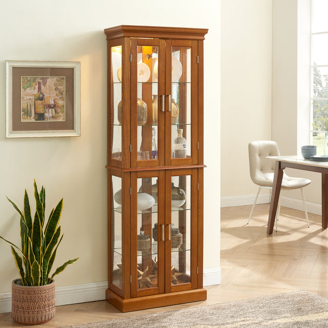 Harriet Transitional Wooden Curio Cabinet with Mirrored Back Panel, Oak