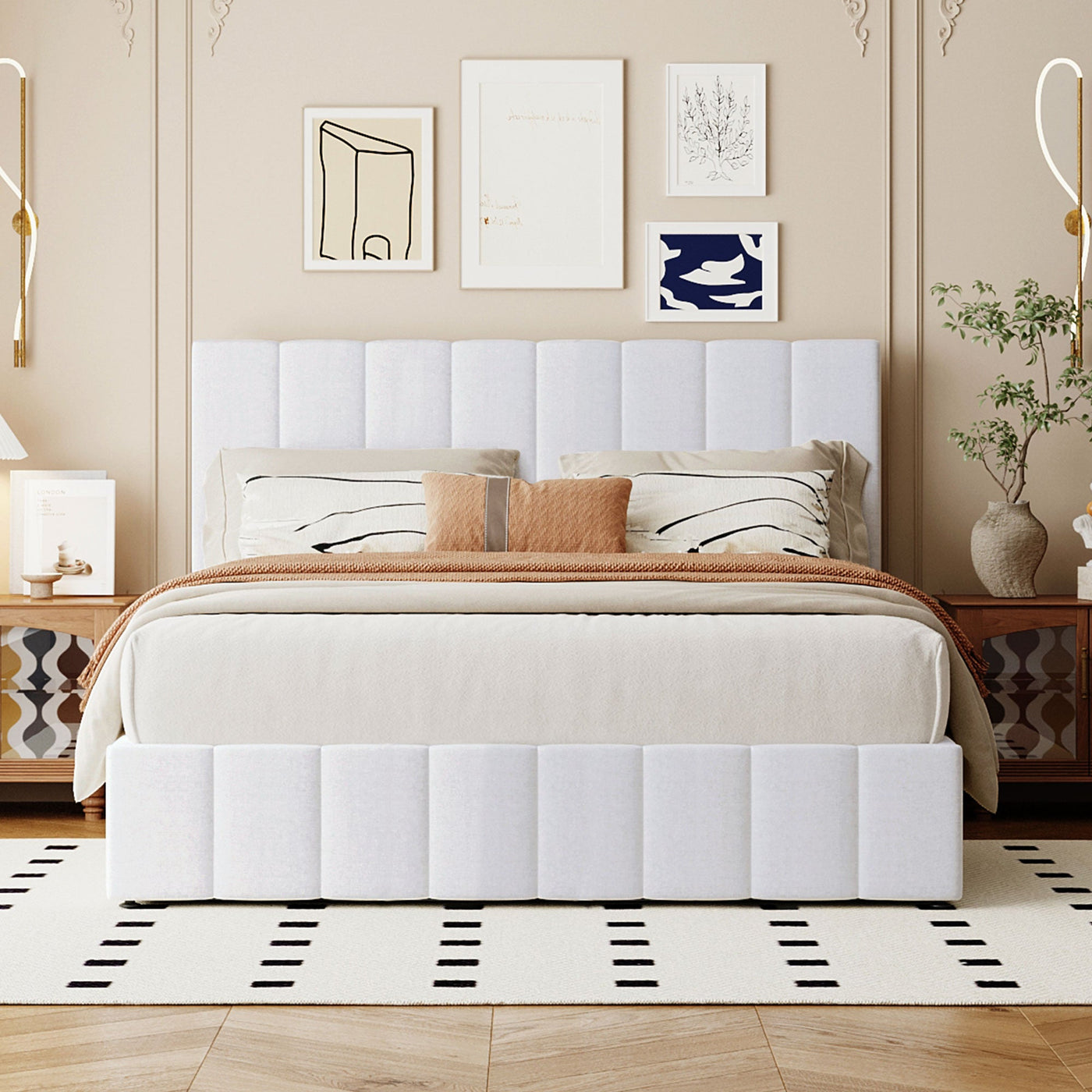 Destiny Queen size Upholstered Platform bed with a Hydraulic Storage System - White