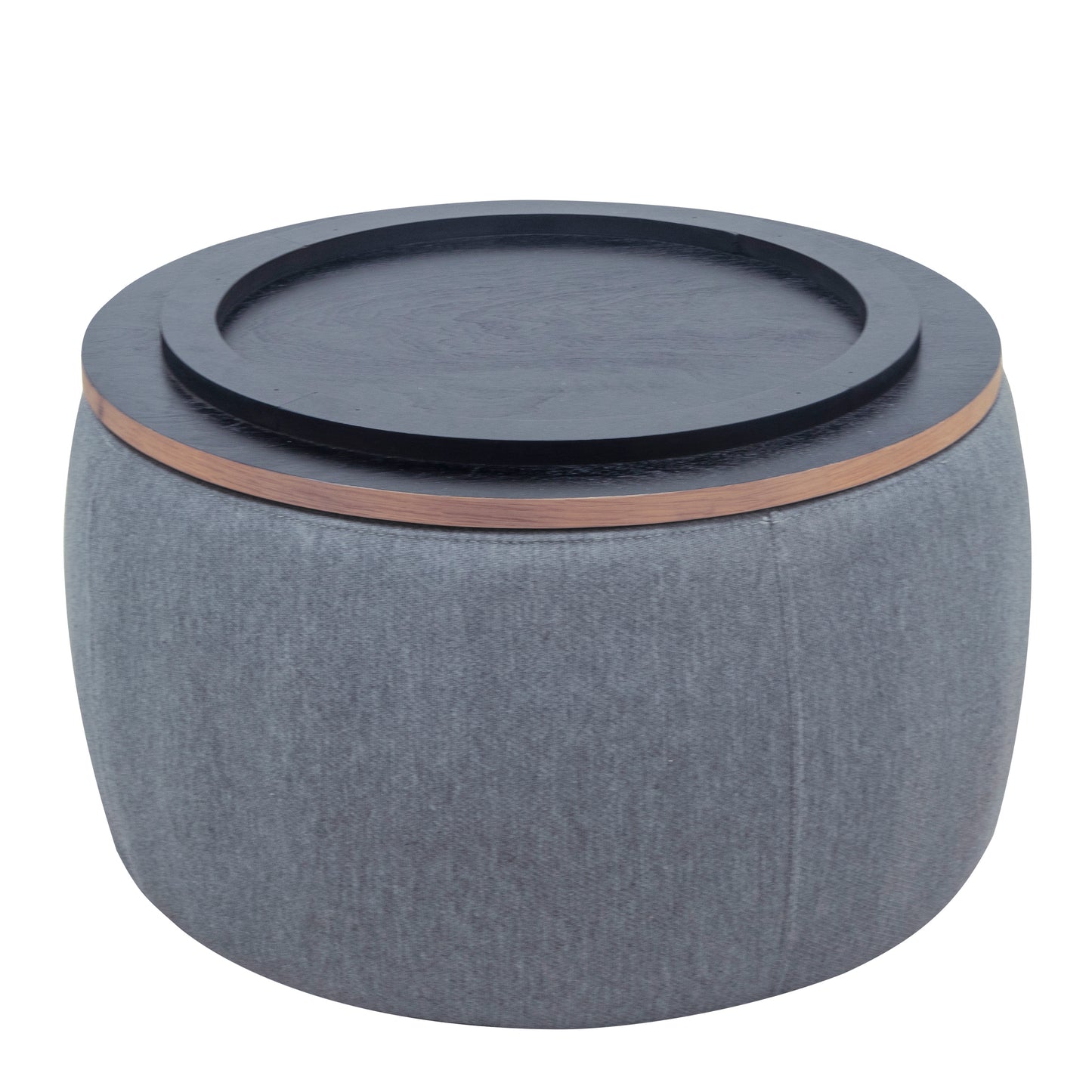 Jules Round Upholstered Storage Ottoman with Wooden Top, Gray