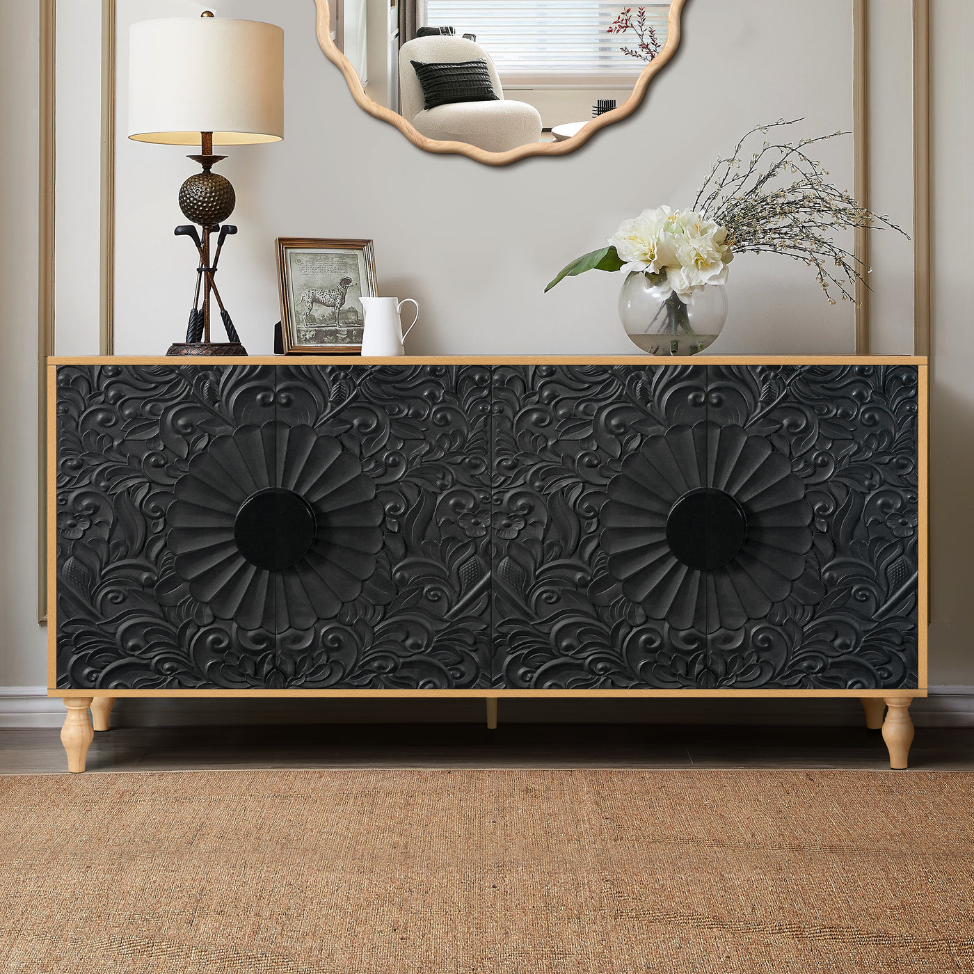 Finian Large Faceted Carved 4-Door Cabinet in Vintage Black & Natural