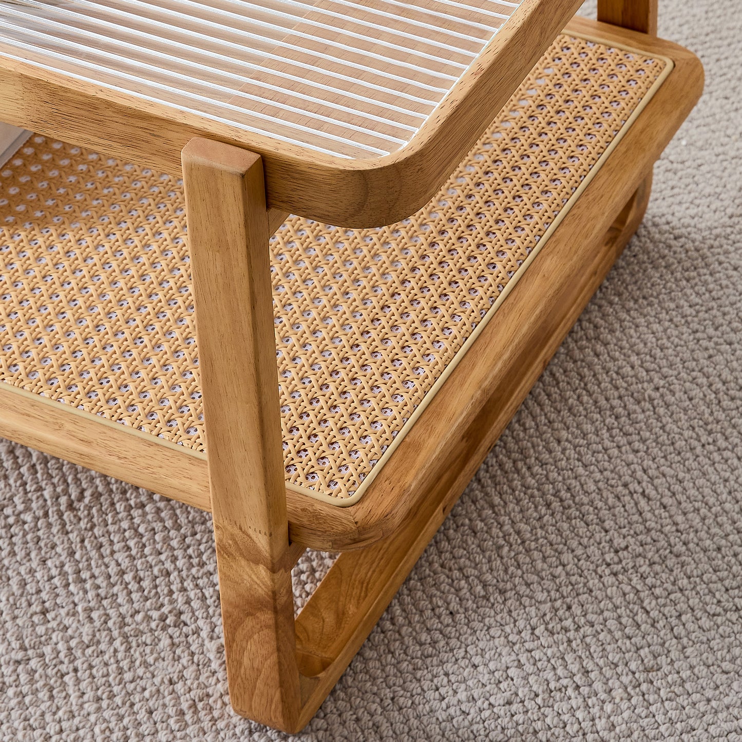 Baylor Mid-Century Modern Glass Top Coffee Table with Rattan Shelf, Natural