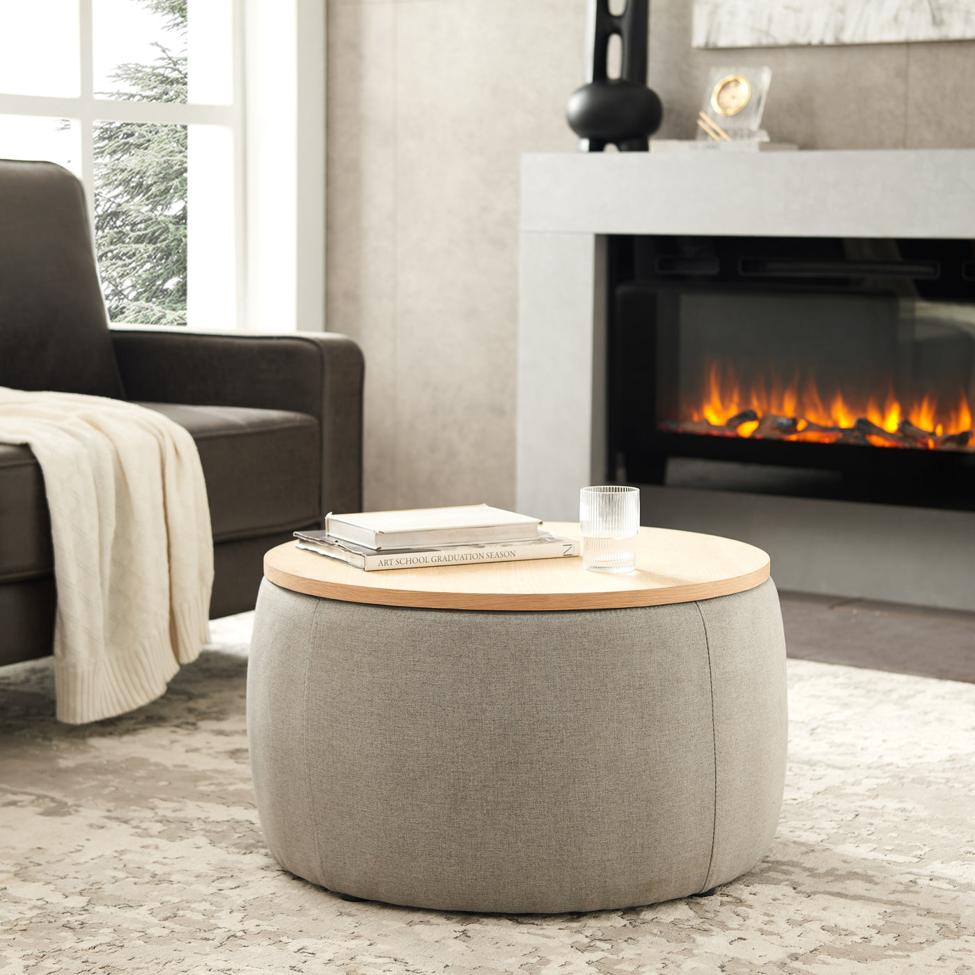 Jules Round Upholstered Storage Ottoman with Wooden Top, Gray
