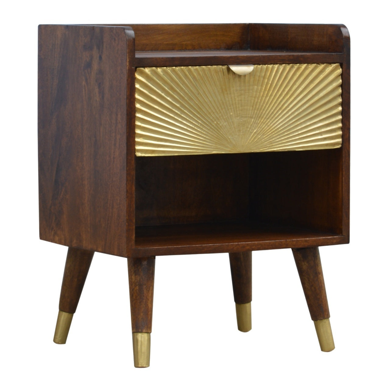 Manila Mid-Century Modern Nightstand in Chestnut with Golden Drawer