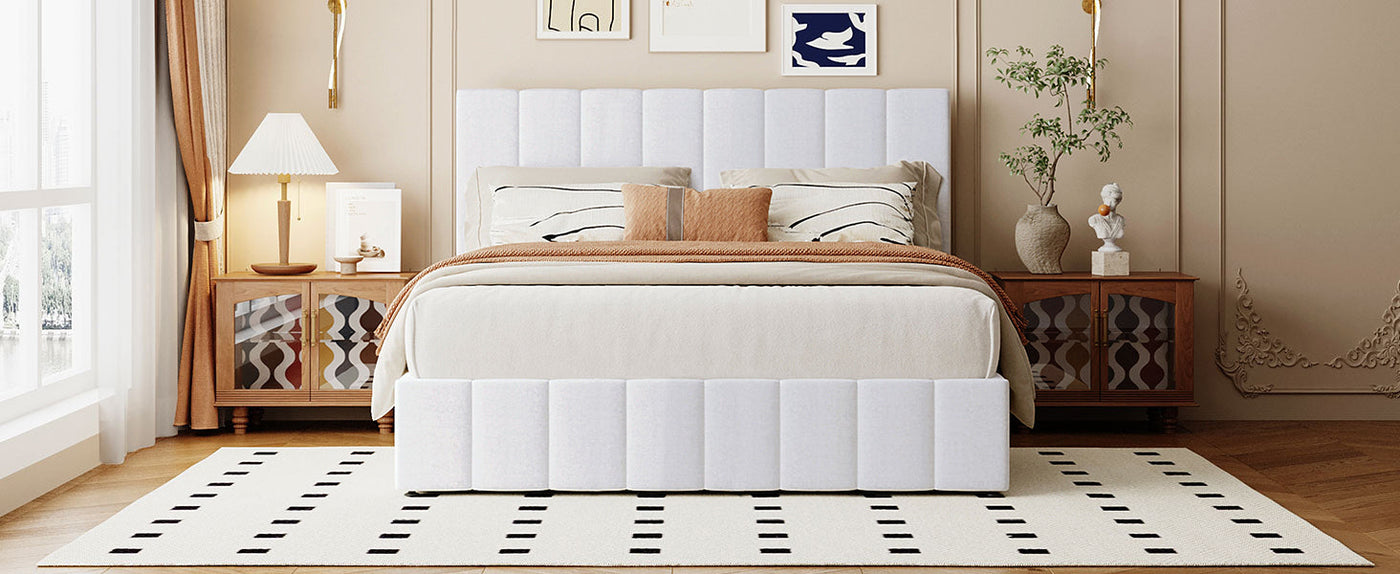 Destiny Queen size Upholstered Platform bed with a Hydraulic Storage System - White