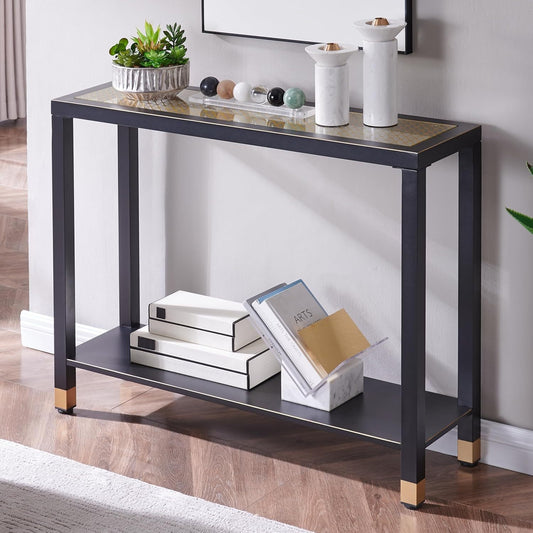 Lennox Mesh Glass Sofa Table – Black & Gold